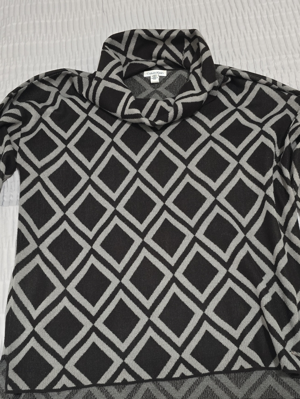 Calvin Klein Black and Gray Diamond-Print Cowl Neck Sweater
